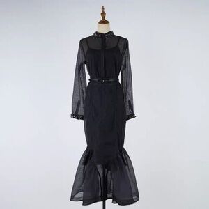 Designer-Style Hypnotic Sheer Crystal-Embellished Blouse & Pencil Midi Dress Set